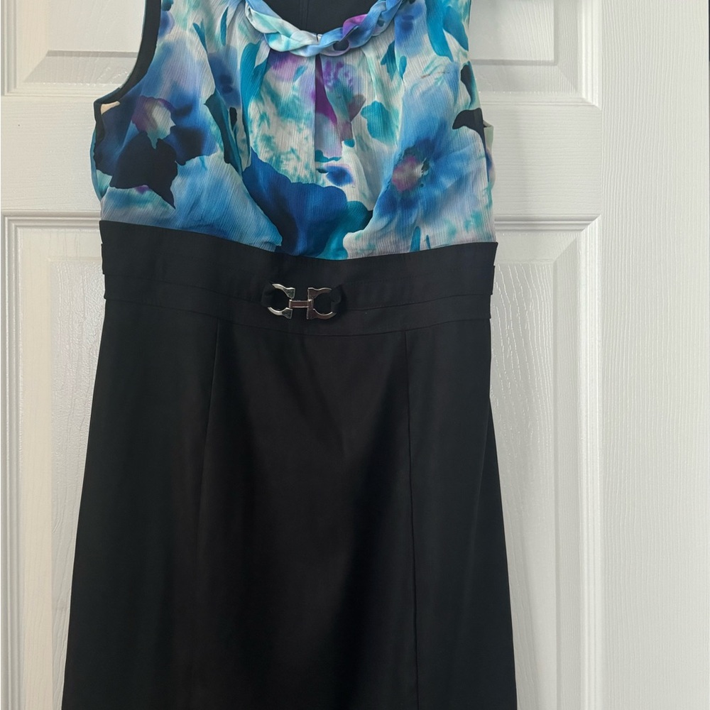 dressbarn Blue Floral and Black Midi Dress